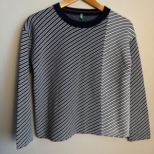 United Colors of Benetton Womens Black White Stripe Knit Sweater Top Long Sleeve